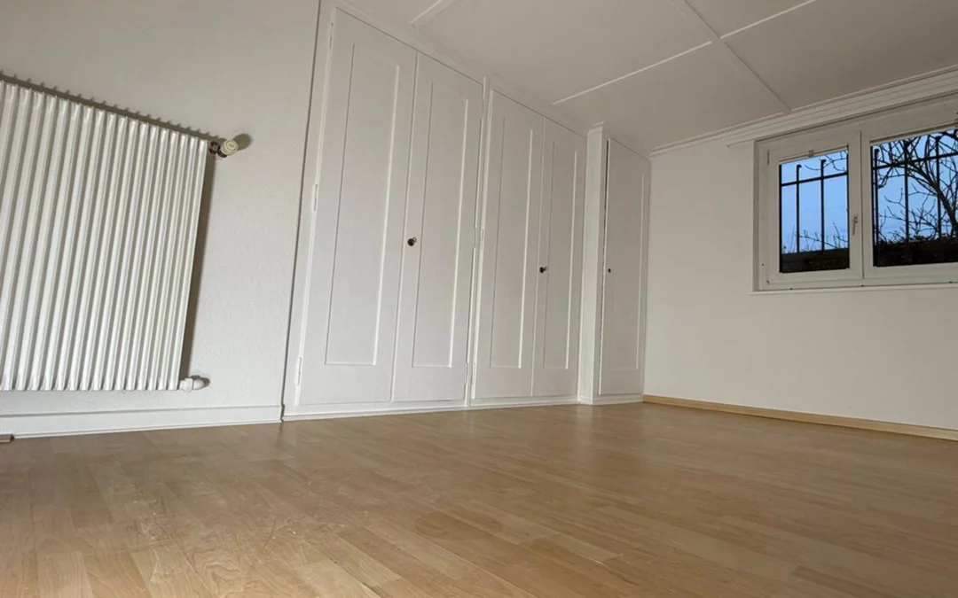 Pièce lumineuse avec murs, plafond et placards peints en blanc