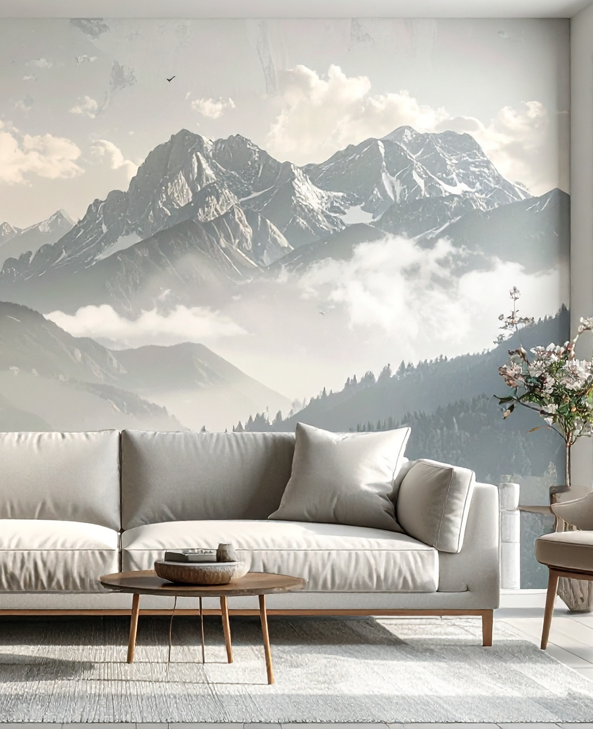 Papier peint panoramique représentant un paysage de montagne dans une chambre